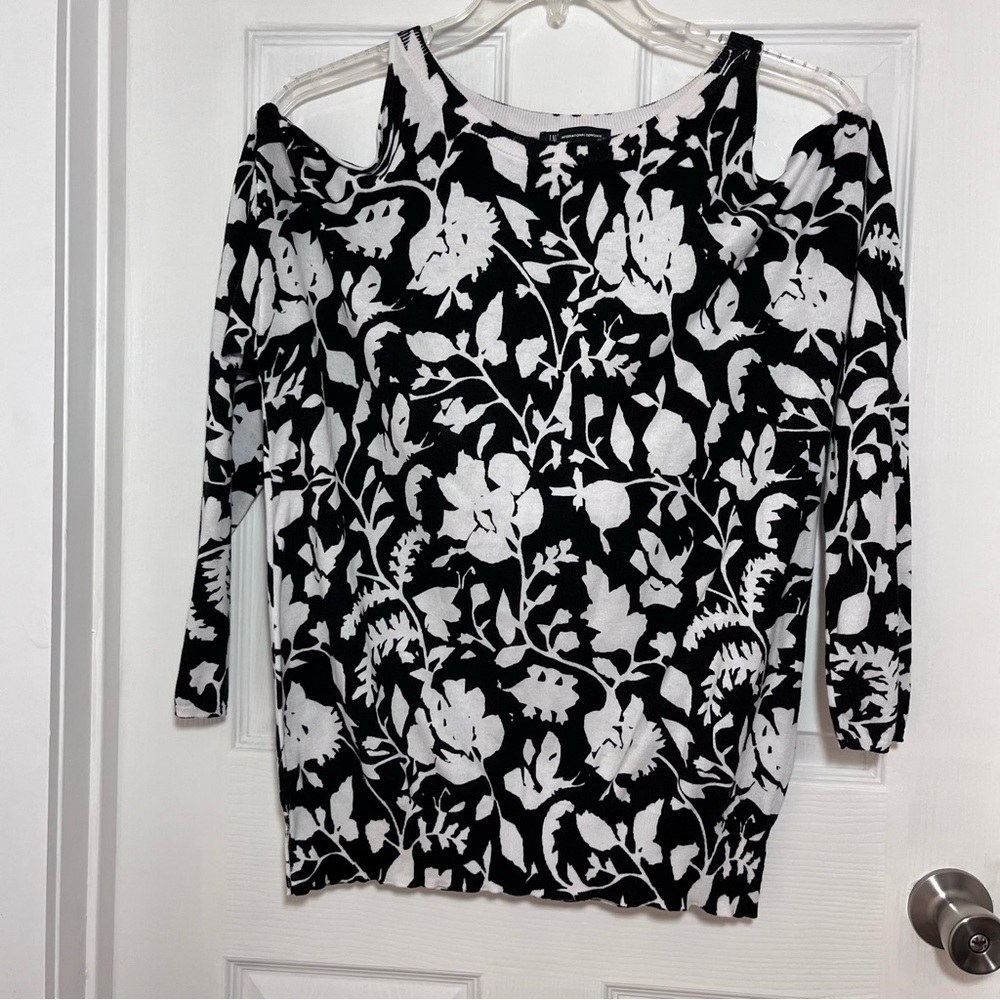 INC International Concepts Black and White Floral Cold-Shoulder Sweater